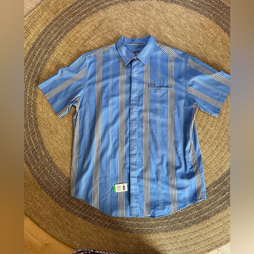 NWT Chaps blue short-sleeve button-down shirt vertical stripes & chest pocket. - Picture 7 of 11